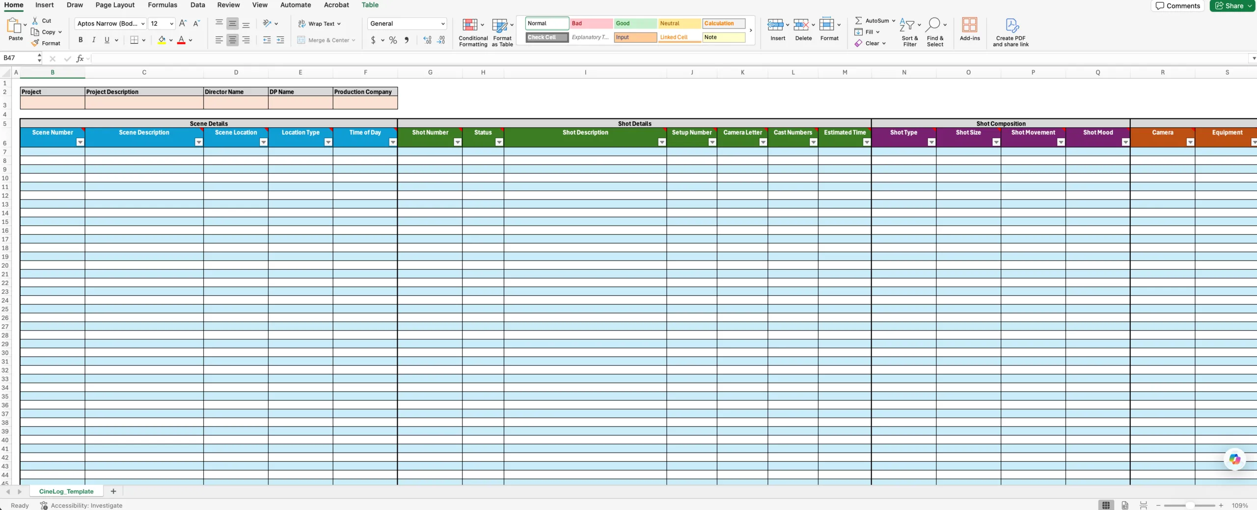 The CineFlo shot list template open in Excel, with scene and shot columns.