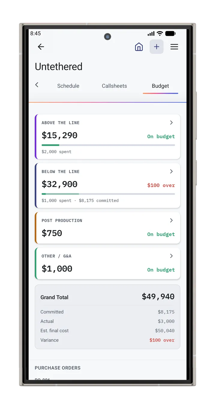 CineFlo budget on Android, showing account groups for above the line and below the line.