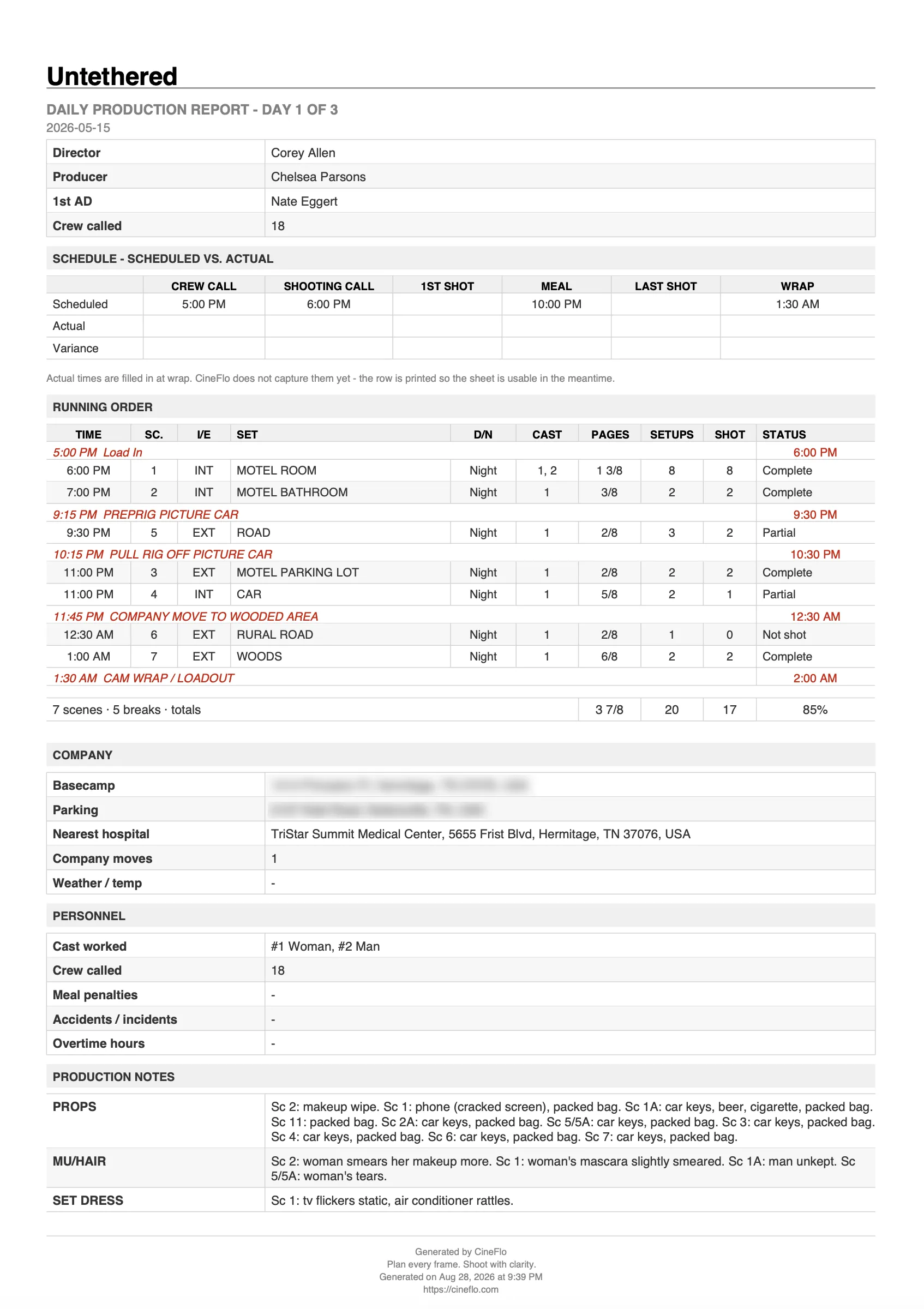 A CineFlo daily production report showing scheduled against actual times and the day’s running order.