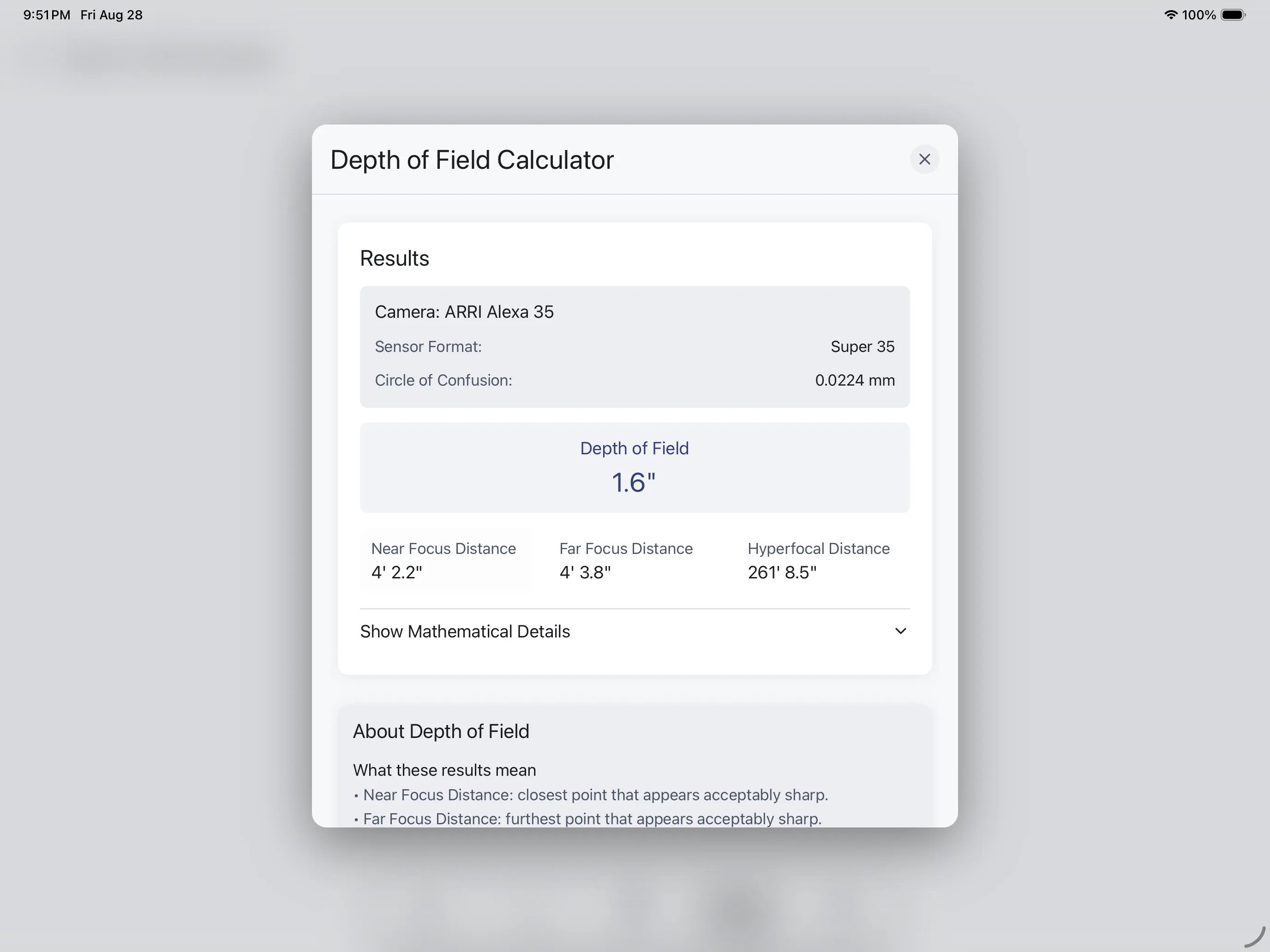 The CineFlo depth of field calculator showing the hyperfocal distance for a given lens and stop.