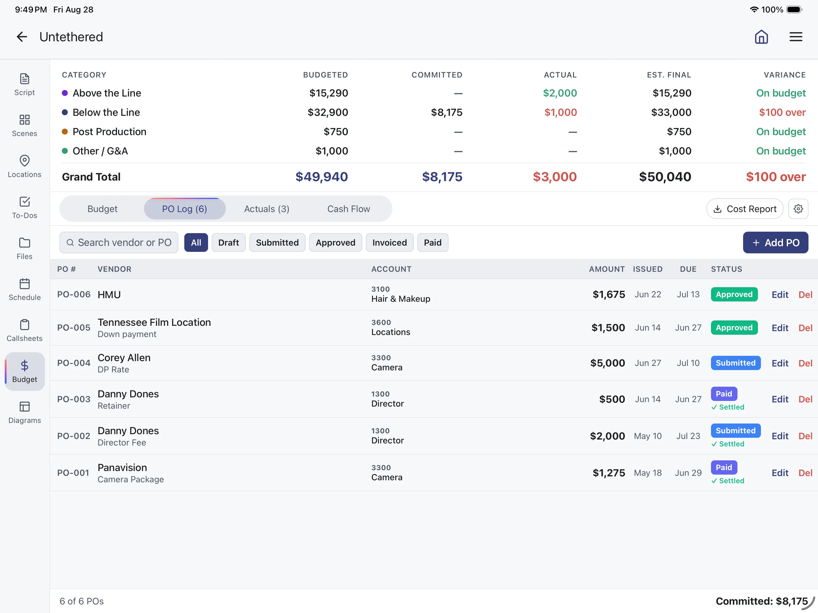 The CineFlo purchase order log, showing POs against budget accounts with their status.