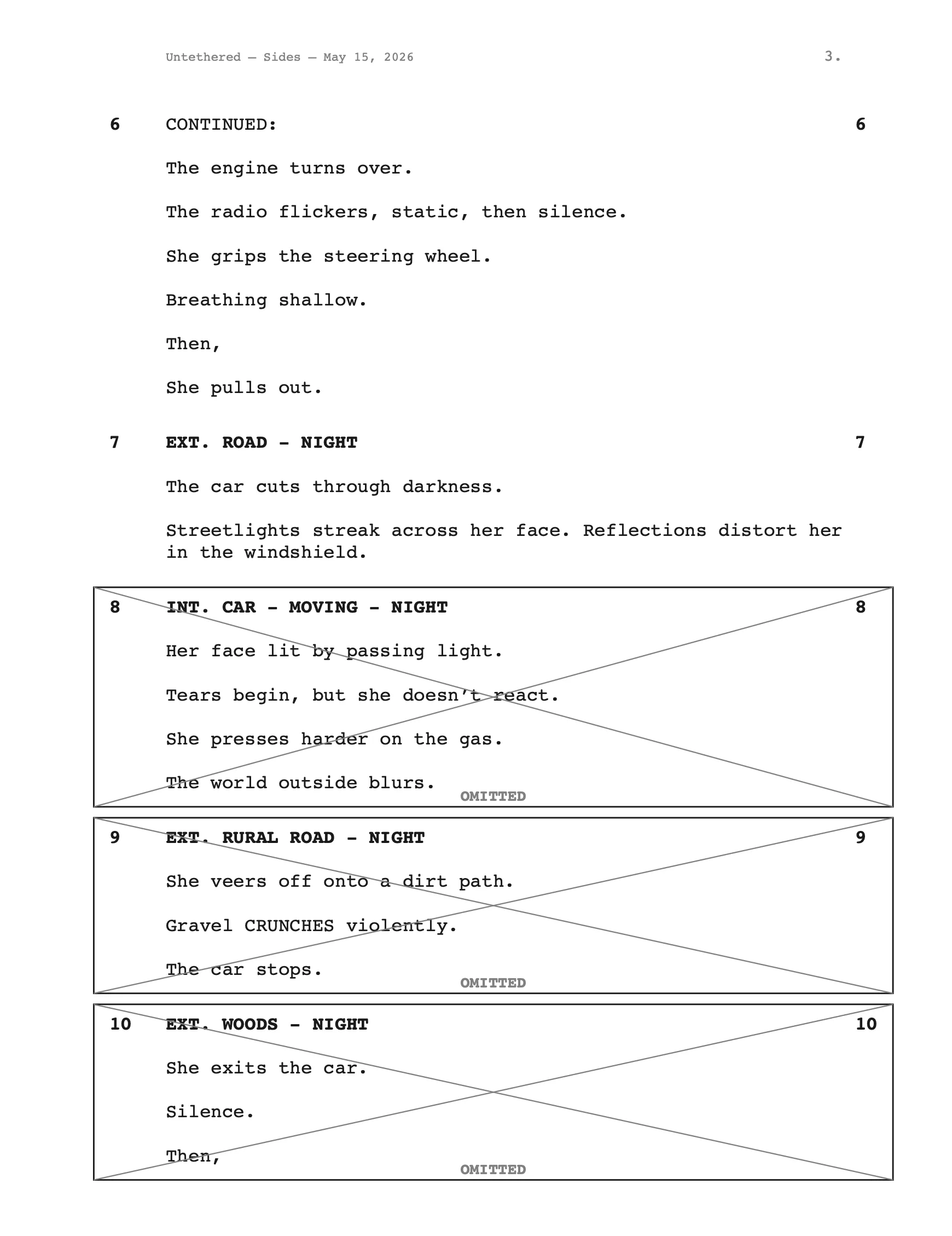 A CineFlo sides packet for one shooting day, in standard screenplay format.