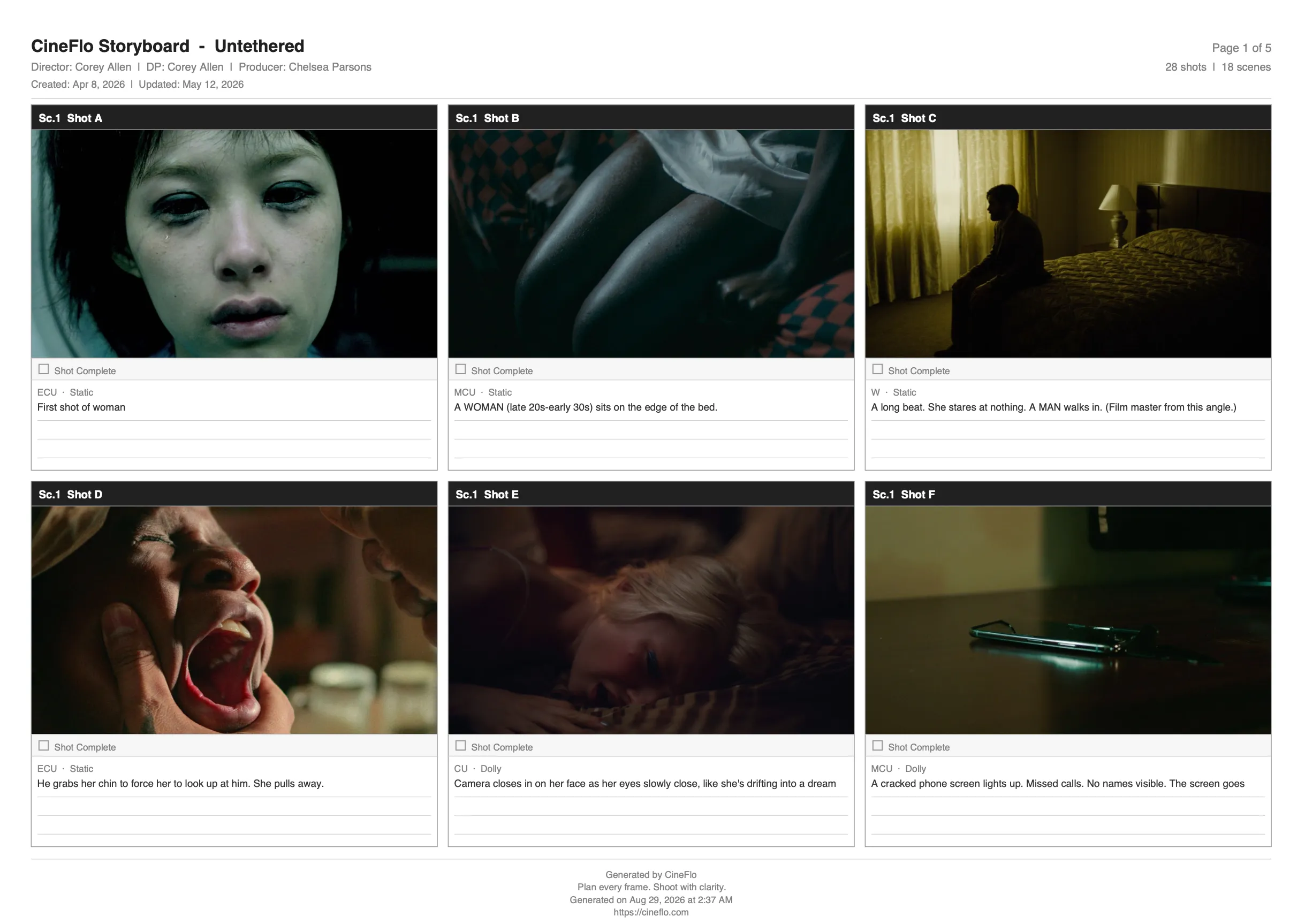 A CineFlo storyboard, six 16:9 panels to a landscape page with room for notes.