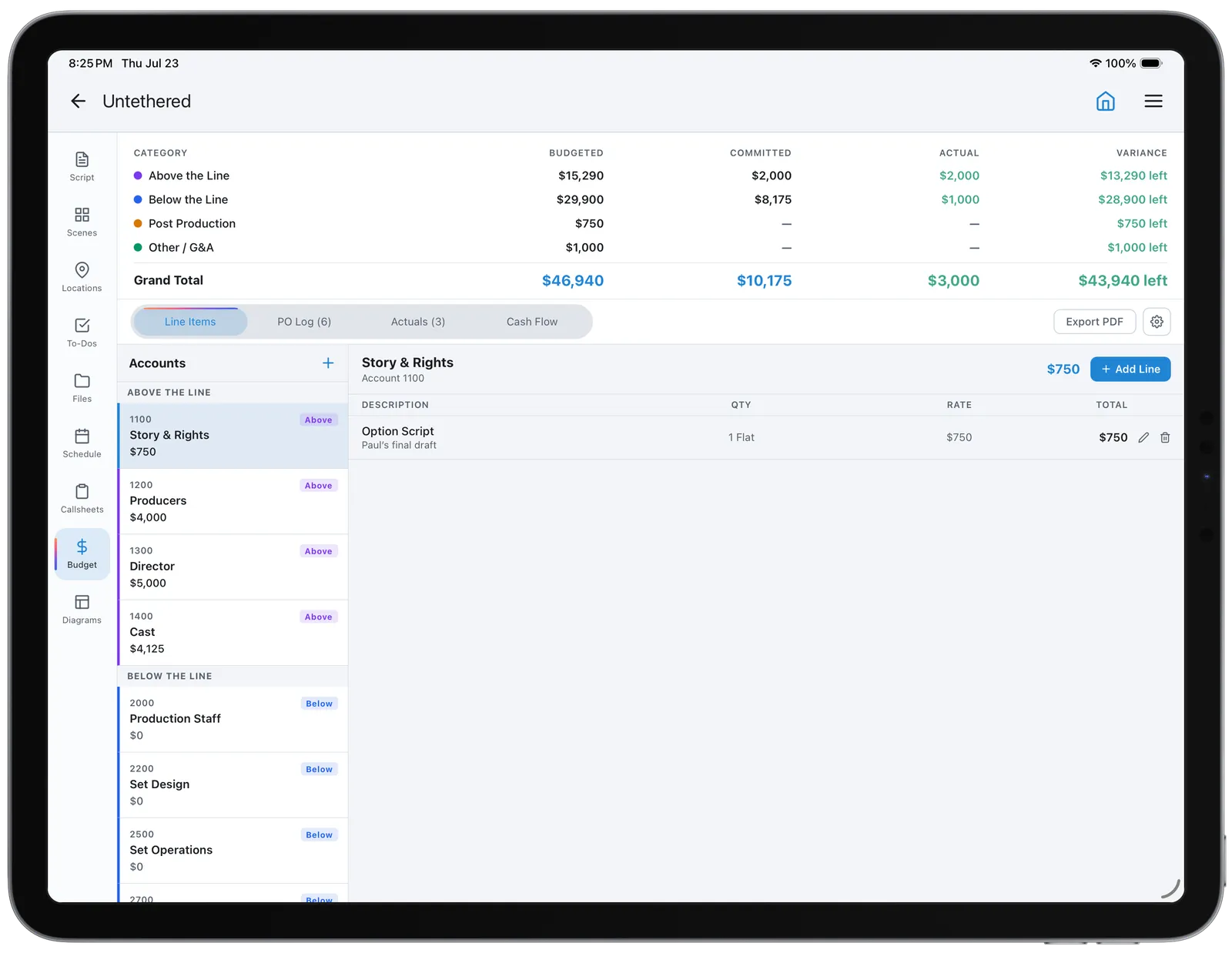 CineFlo production budget on iPad Pro, showing account groups with budgeted, committed and actual columns.