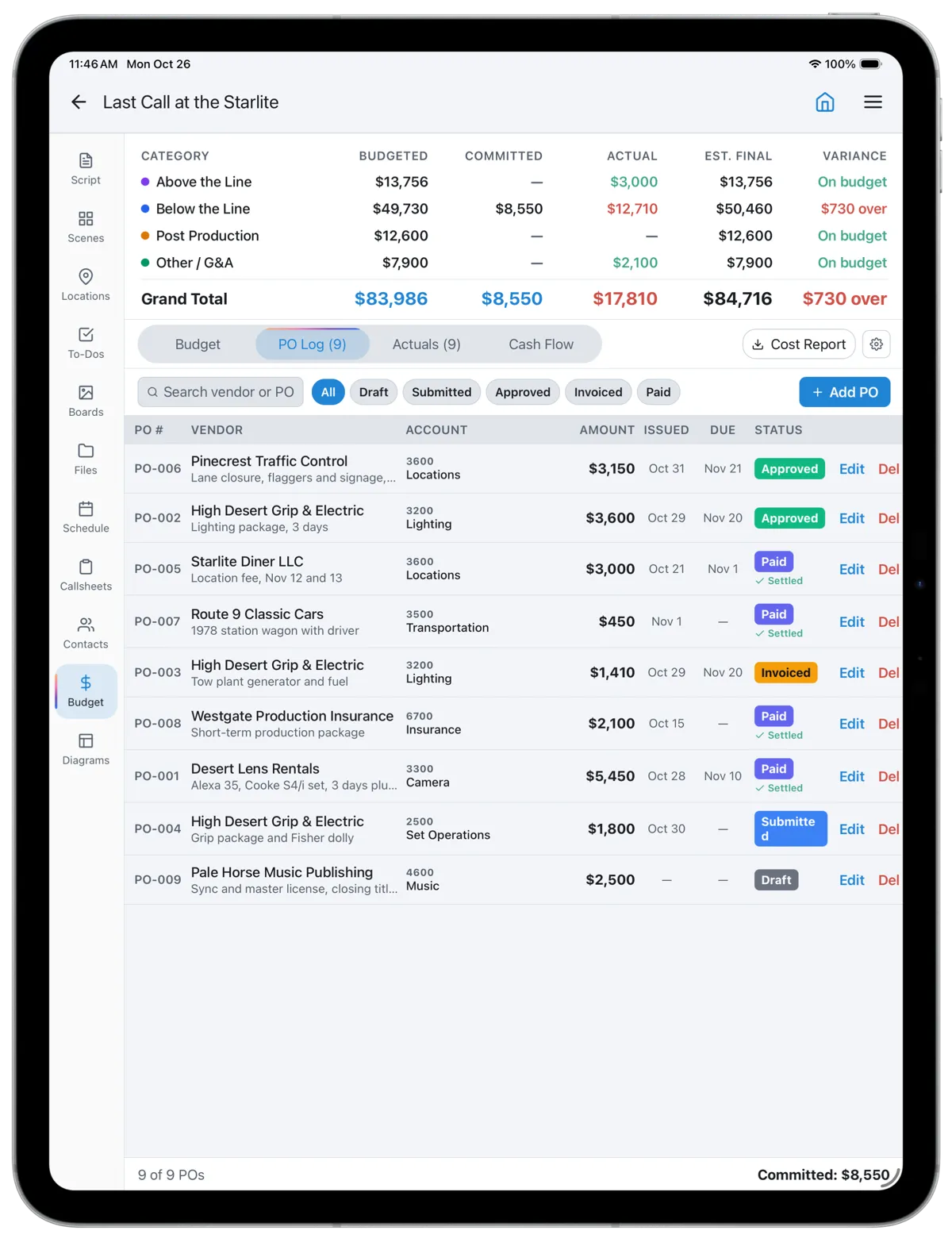 The CineFlo PO log on iPad: nine purchase orders for a short film, with vendor, account, amount, dates and status from draft to paid.