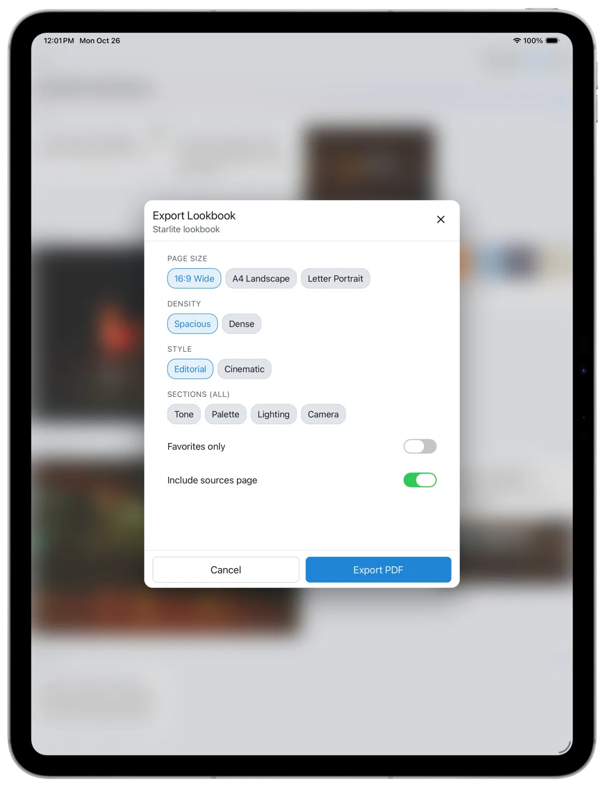 The Export Lookbook options in CineFlo on iPad: page size 16:9 wide, A4 landscape or Letter portrait, spacious or dense density, editorial or cinematic style, sections, favorites only and a sources page.