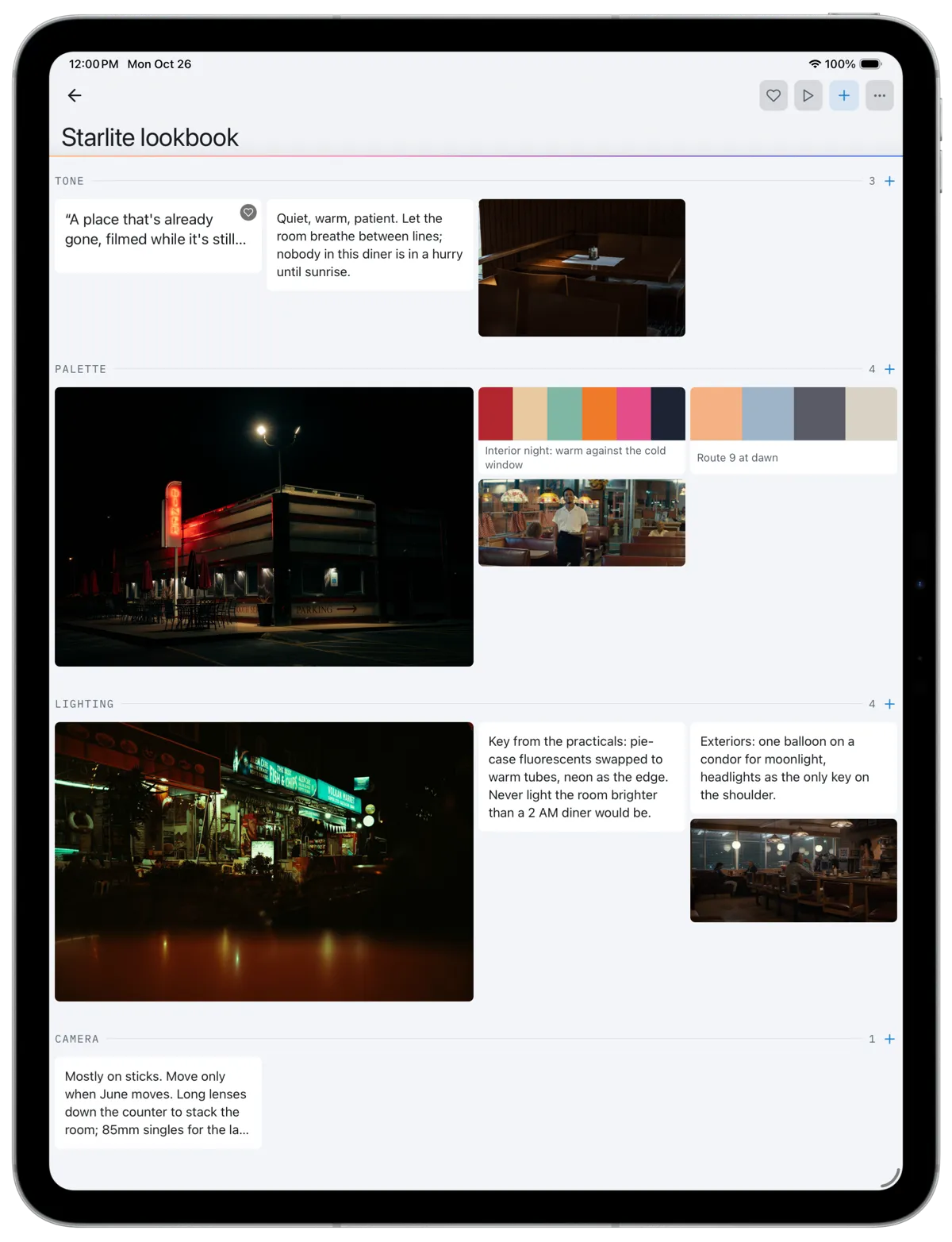 A CineFlo mood board on iPad for a short film: tone notes and references, two named color palettes, night diner stills, and lighting and camera notes.