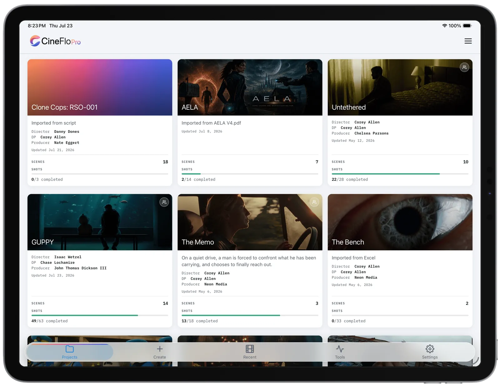 CineFlo projects overview on an iPad, showing scenes, shots and schedule for a production.