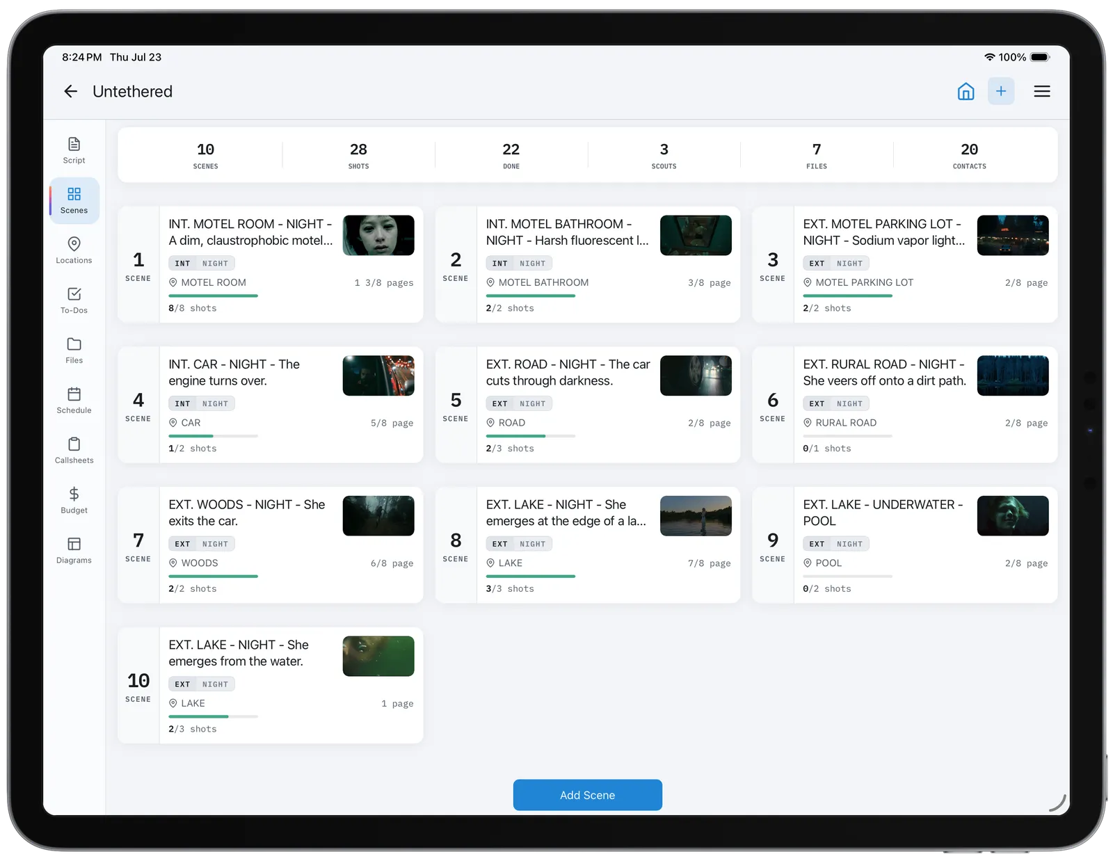CineFlo scene grid on iPad Pro in the multi-column workspace.