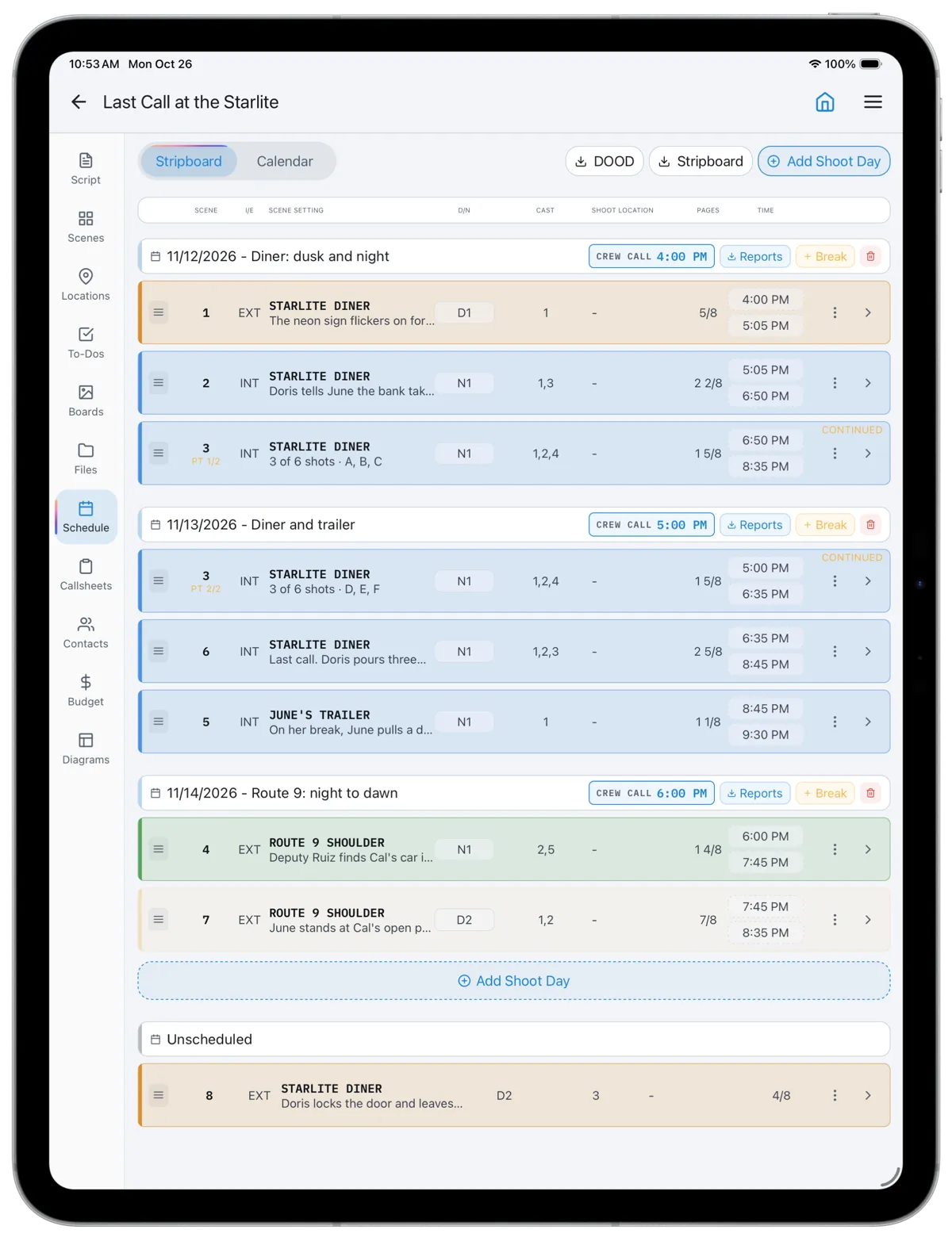 The CineFlo stripboard on iPad: three night shoot days with crew calls, strip times that follow them, scene 3 split across days 1 and 2, and scene 8 unscheduled.