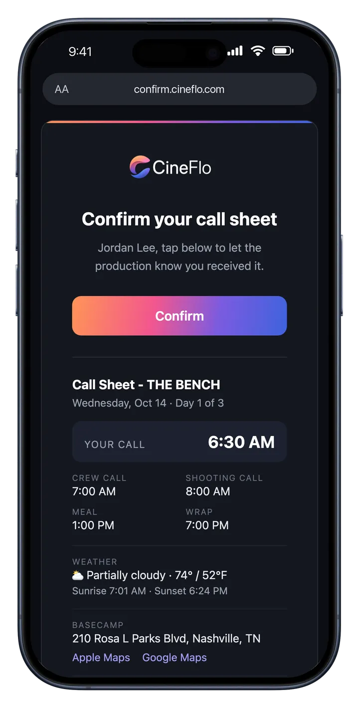 The call sheet page a CineFlo link opens on iPhone, with a Confirm button, call times, weather and locations.
