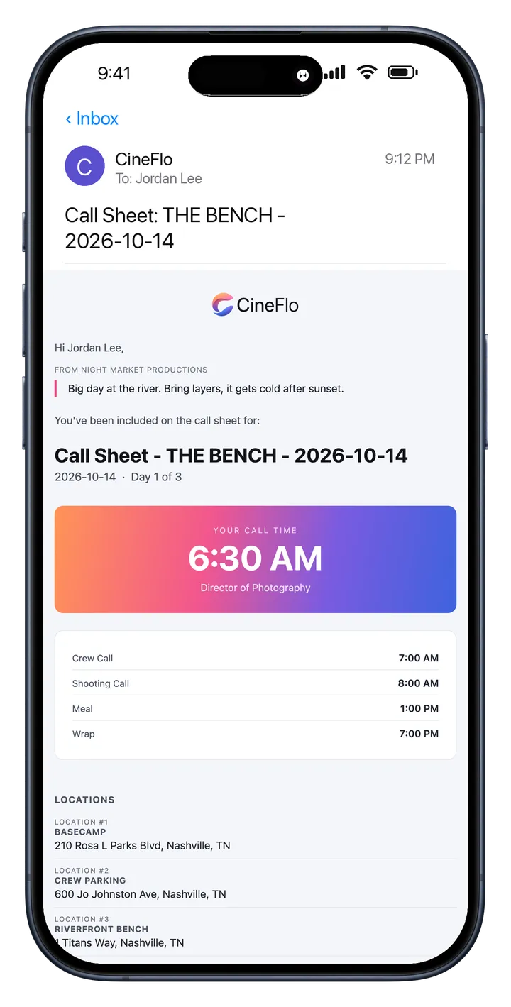 A CineFlo call sheet email on iPhone, with the person's call time at the top.
