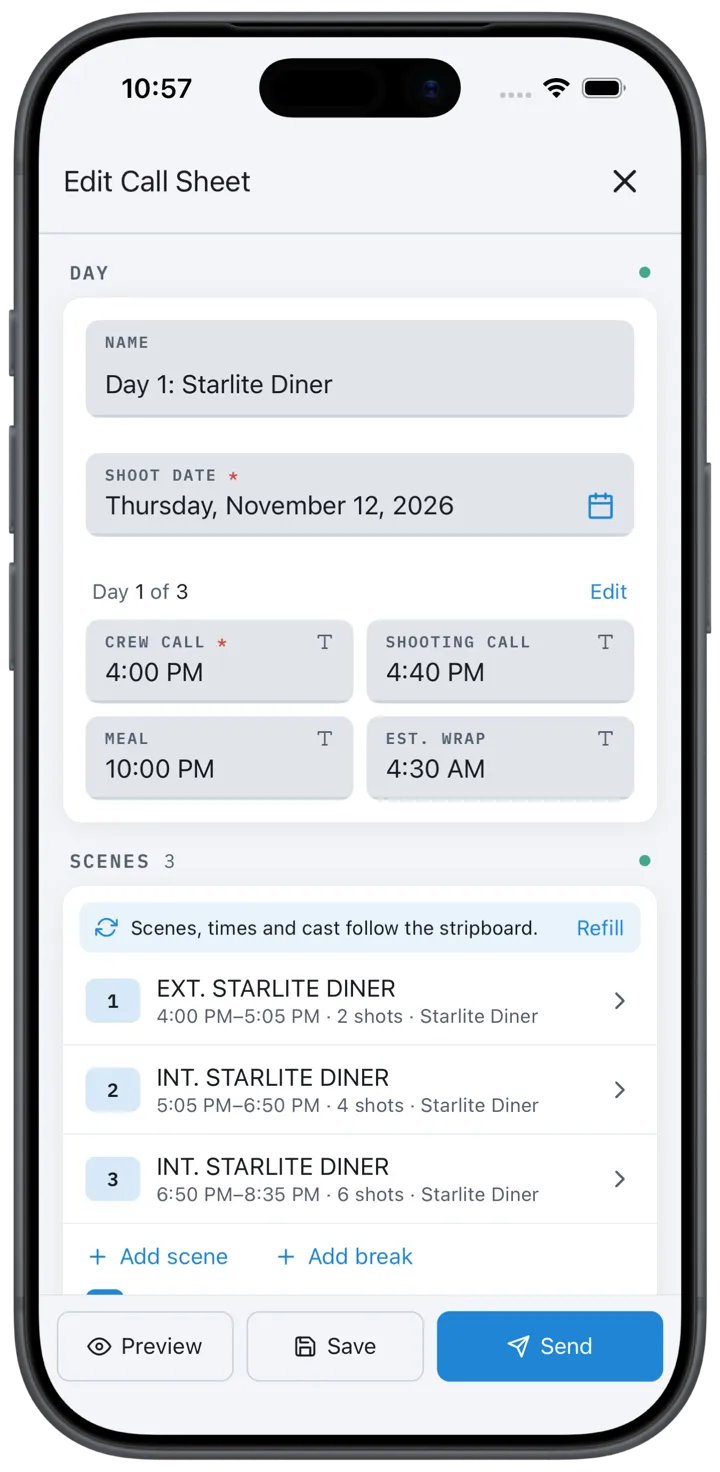 The Edit Call Sheet form in CineFlo on iPhone: Day 1 of 3 with crew call, shooting call, meal and wrap, and three scenes with times from the stripboard.