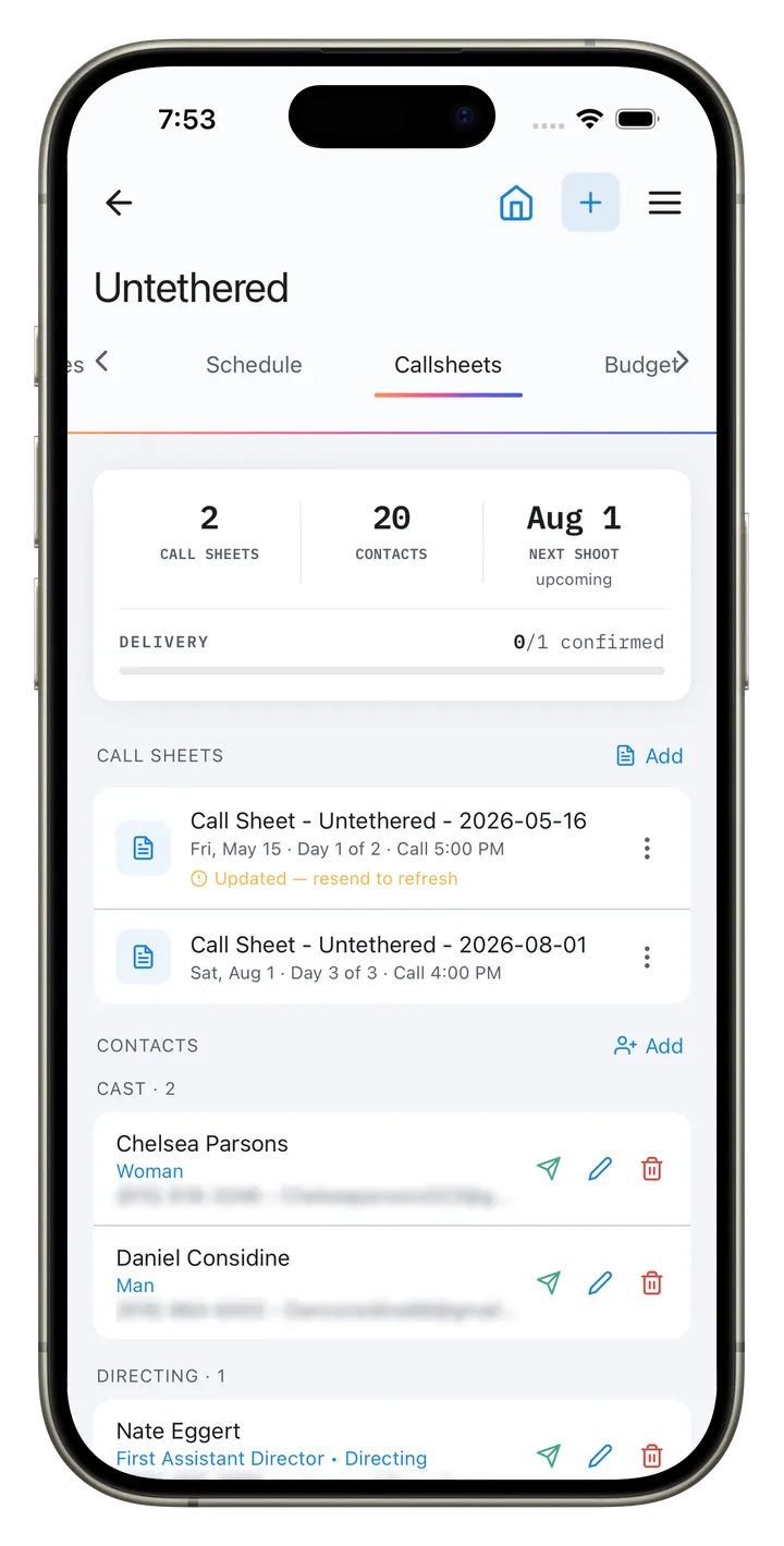 A CineFlo call sheet on iPhone showing crew call and shooting call times.