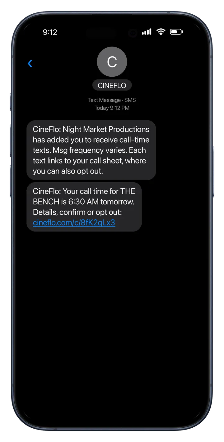 A call-time text from the sender name CINEFLO: the call time for THE BENCH and a link to confirm or opt out, with no reply option.
