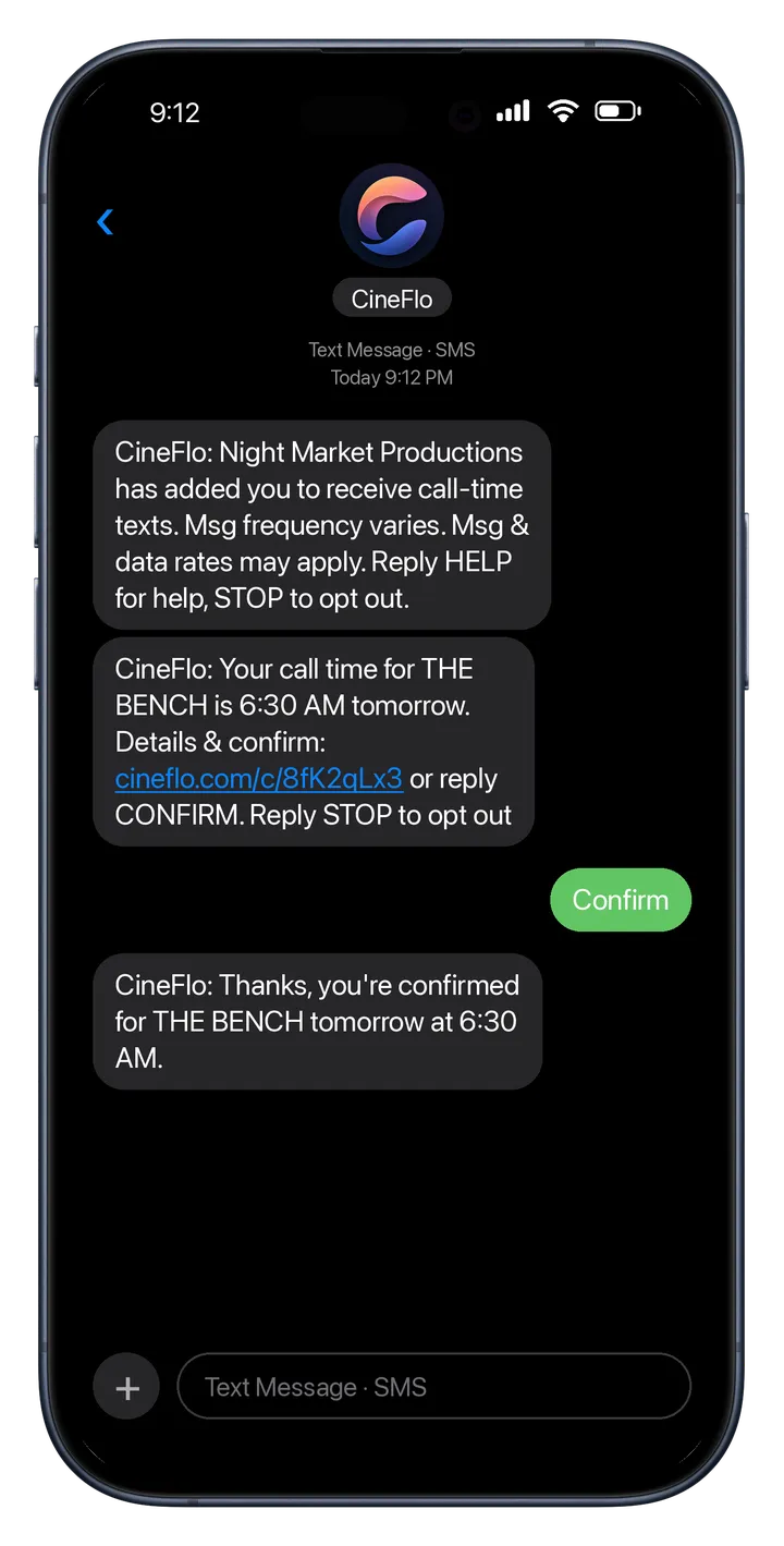 A CineFlo call-time text on iPhone, with a link to the call sheet and a CONFIRM reply.