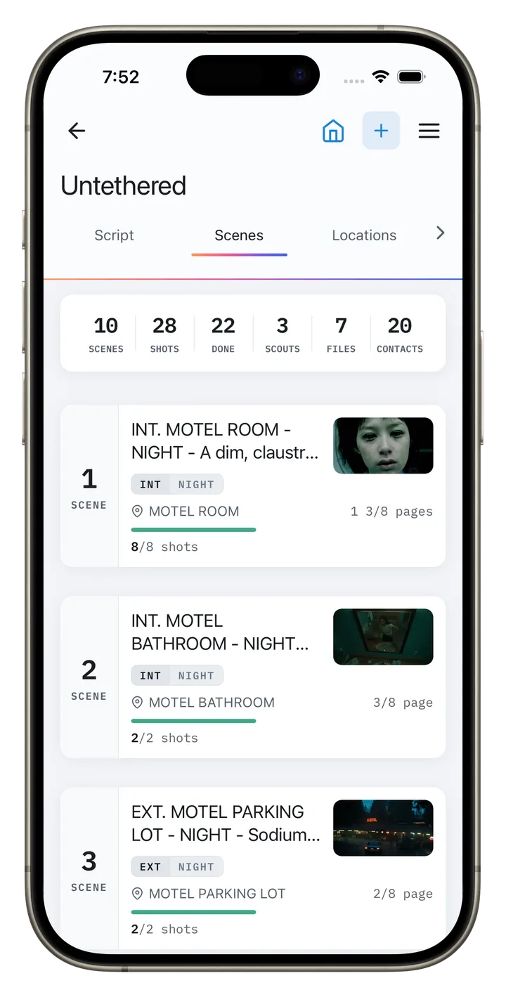 CineFlo scene list on iPhone, with shot counts and page counts per scene.