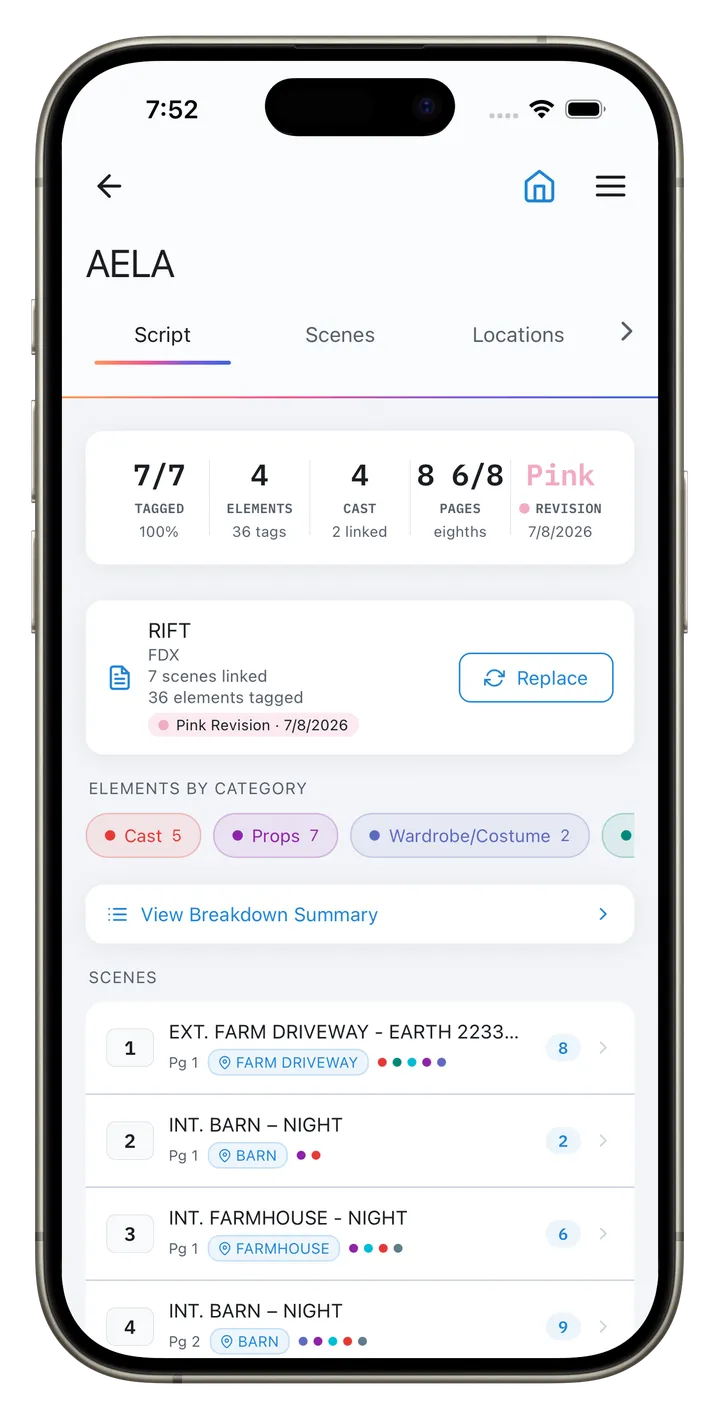 CineFlo script breakdown on iPhone: an imported script with tagged elements by category, page counts in eighths and a revision color.