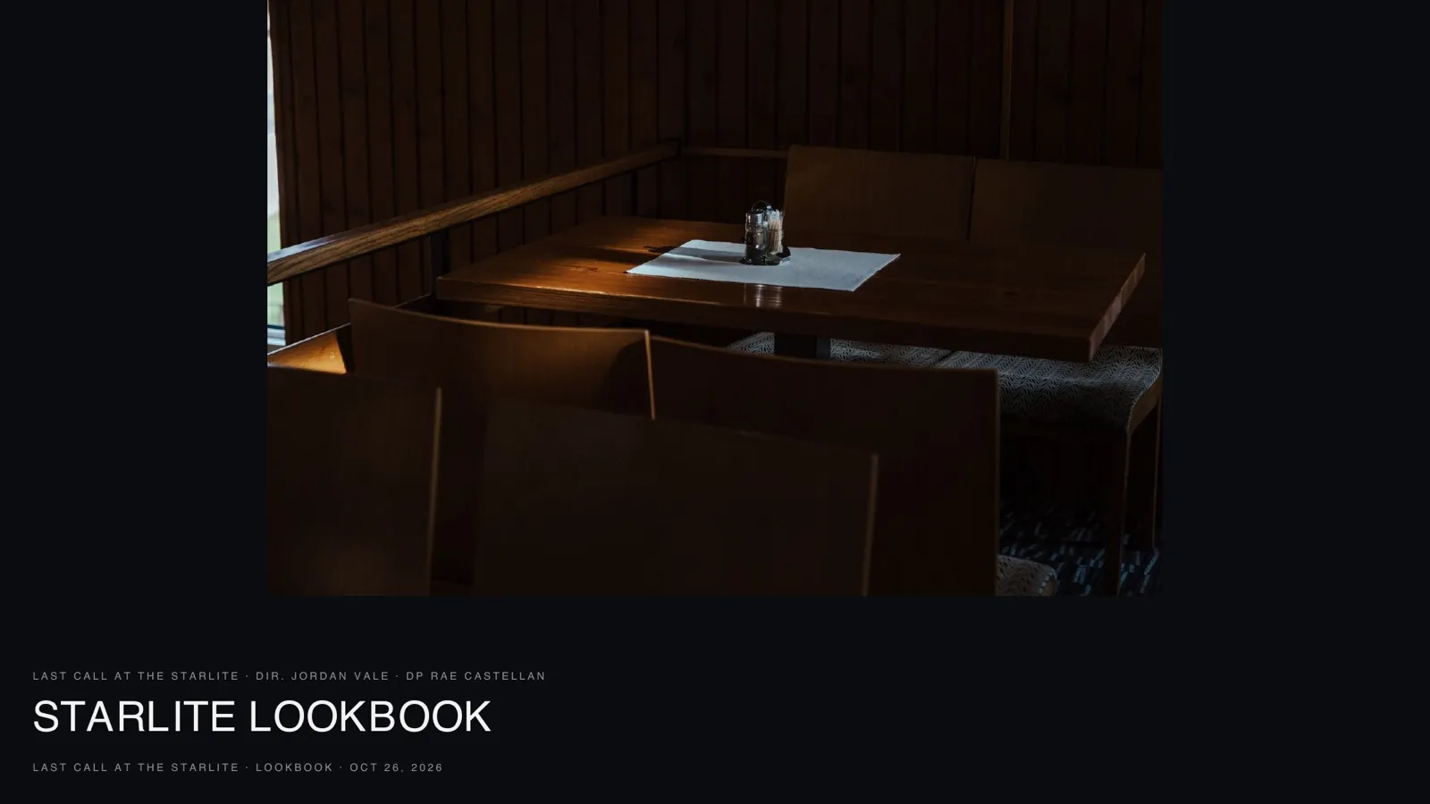 The cover of an exported film lookbook: STARLITE LOOKBOOK over a still of an empty diner booth, with the director and DP credited.