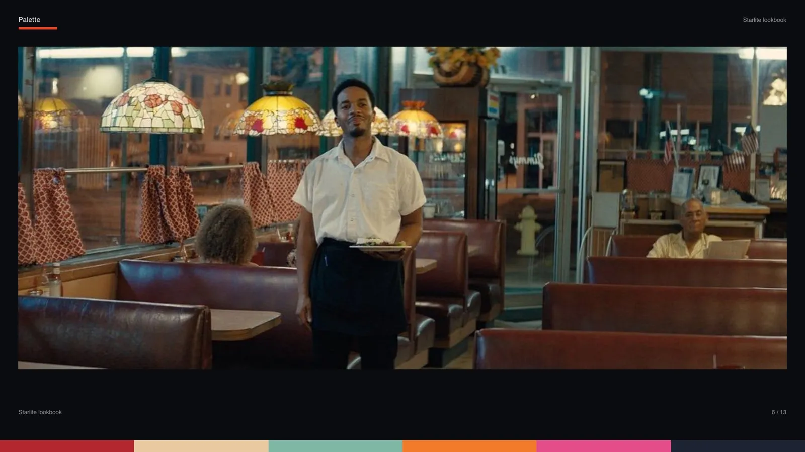 A page from a CineFlo lookbook PDF: a single full-width reference still of a waiter in a diner, with the palette strip along the bottom.
