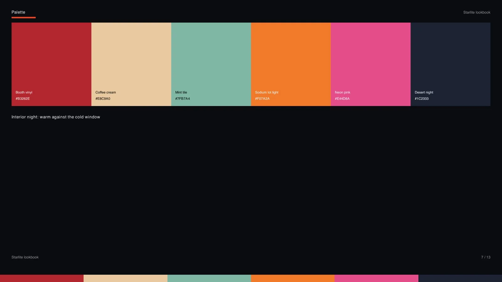 A lookbook palette page: six named swatches for interior night, booth vinyl red, coffee cream, mint tile, sodium orange, neon pink and desert-night blue.