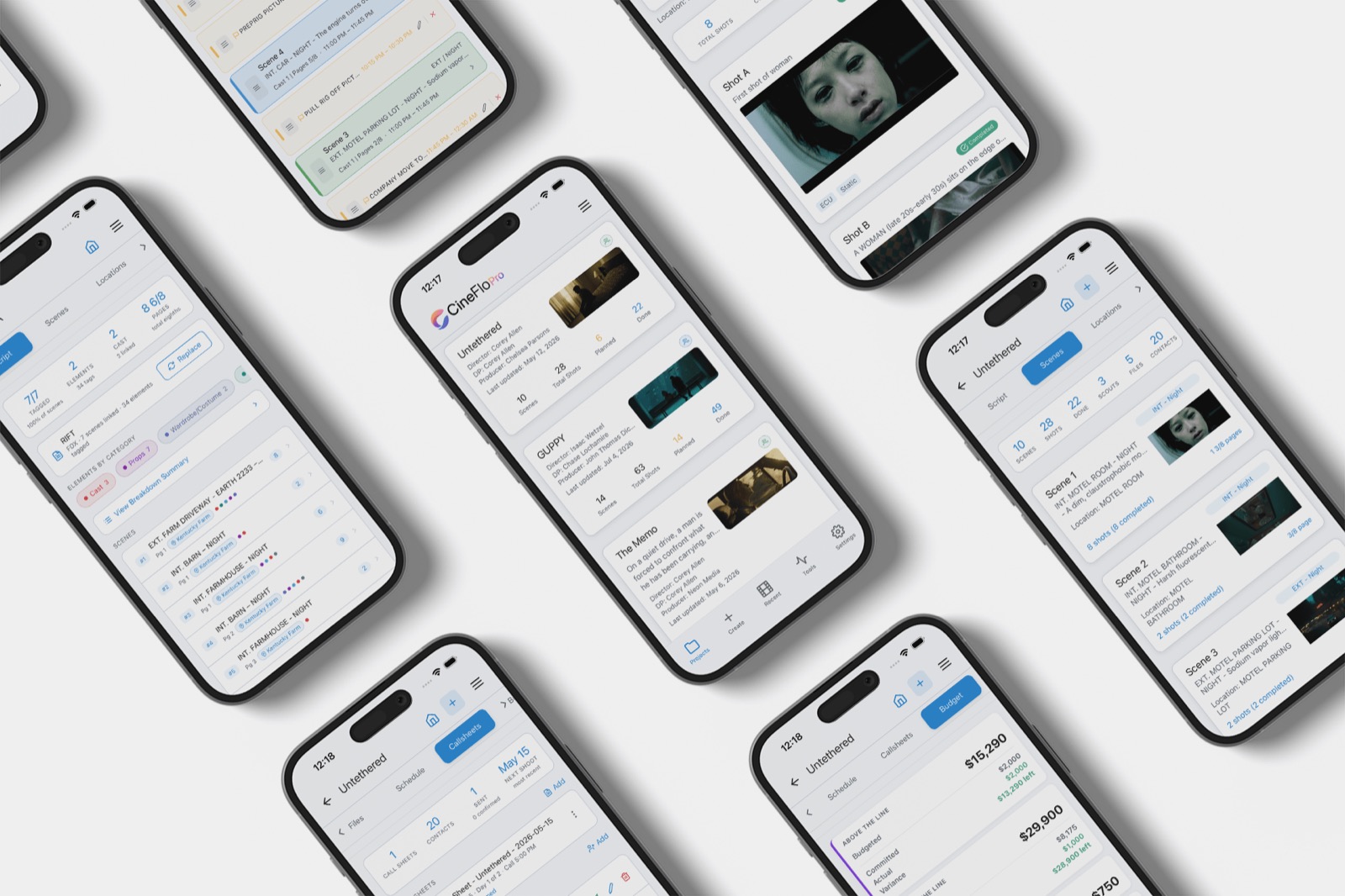 CineFlo on iPhone — project dashboard, script breakdown, stripboard schedule, shot list with reference frames, call sheet, and budget.