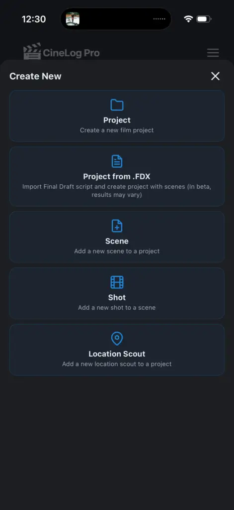 CineLog Pro creating new items