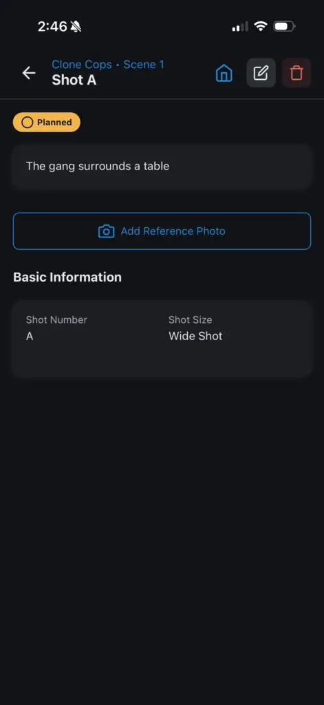 CineLog Pro create a new shot
