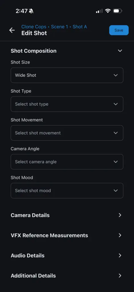 CineLog Pro creating a new shot