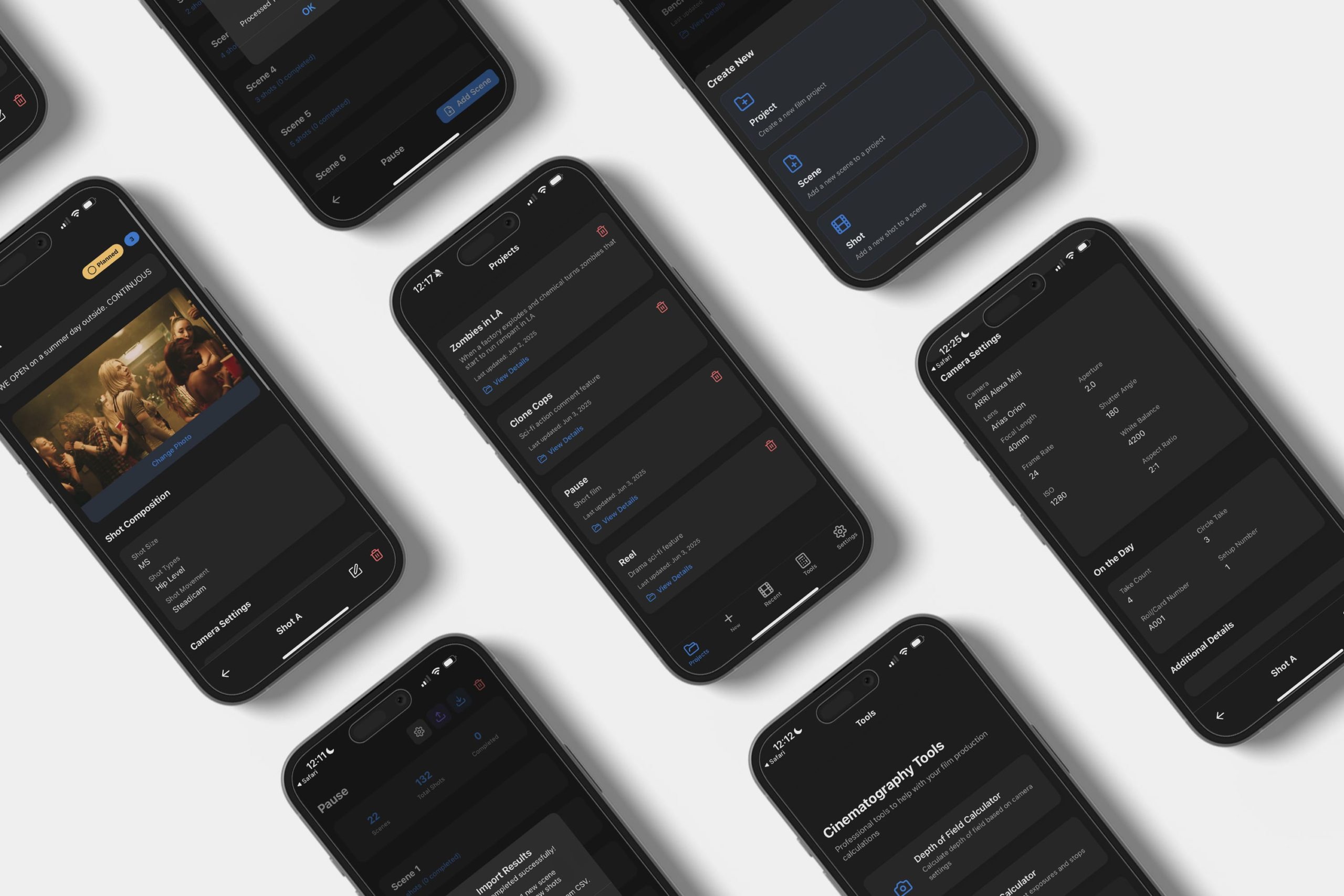 CineLog Pro interface displaying cinematography tools, project lists, and call sheet features.