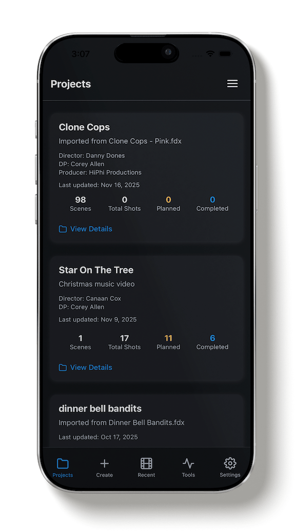 Shot list and project management view inside the CineFlo filmmaking app.