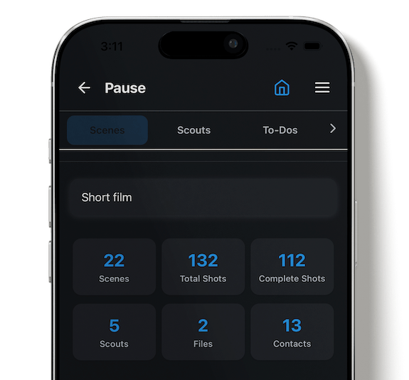 CineFlo shot list and scene overview for film production planning.