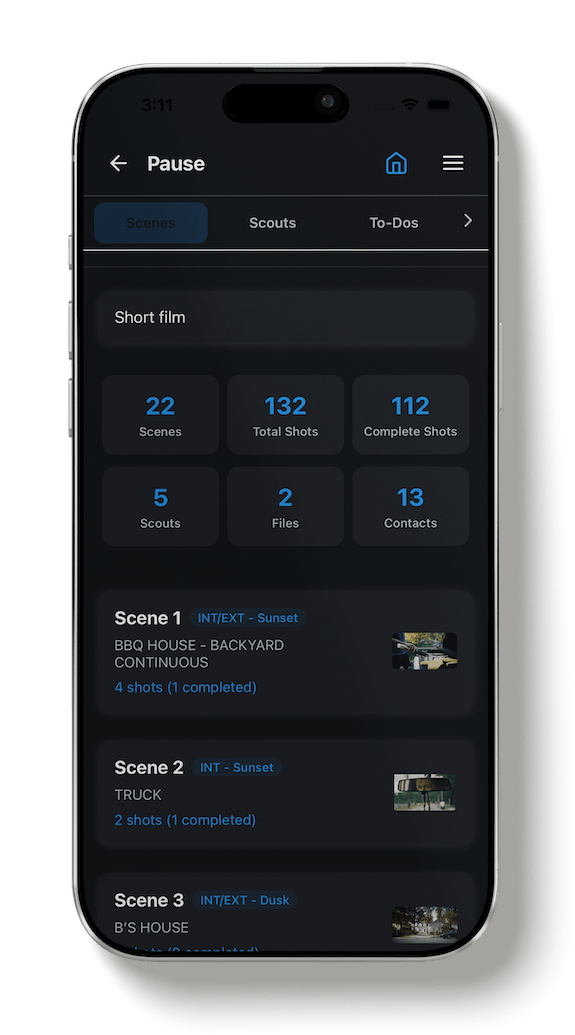 CineFlo shot list building and scene planning tools for filmmakers.