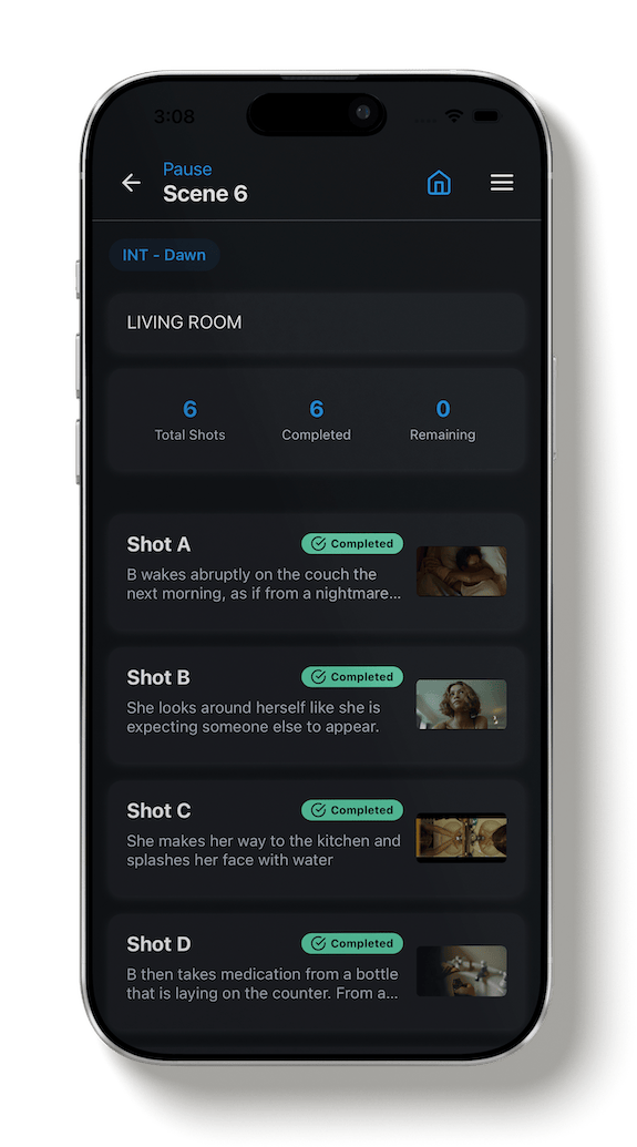 Shot list builder and scene management view inside the CineFlo filmmaking app.