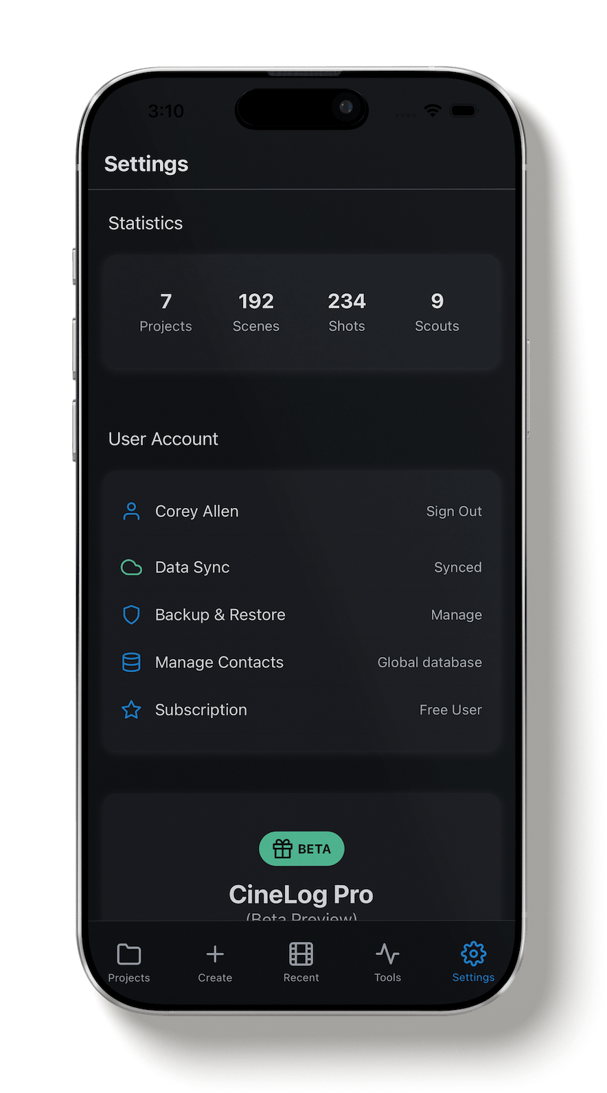 Project sync screen inside CineFlo filmmaking and shot list app.