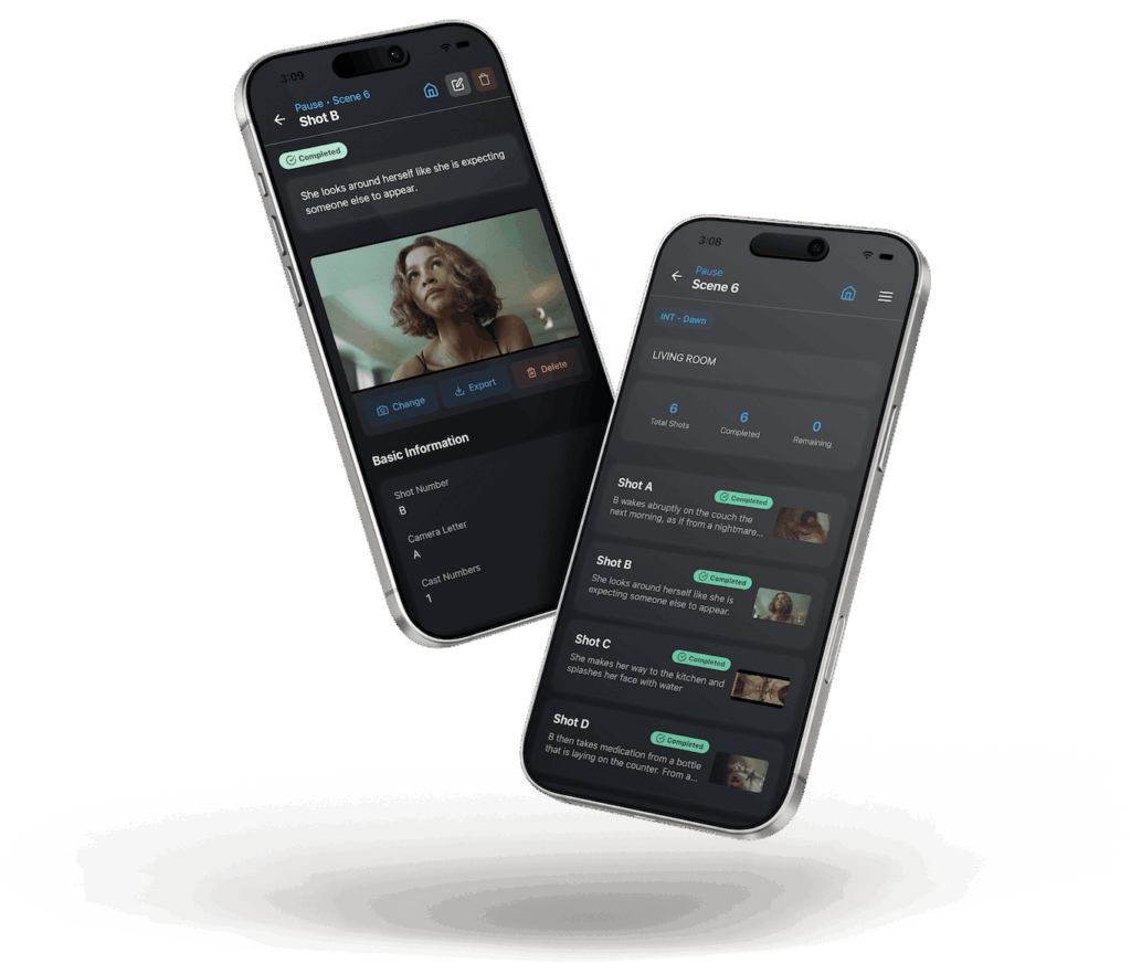 Side-by-side screenshots of CineFlo showing shot list and scene overview.