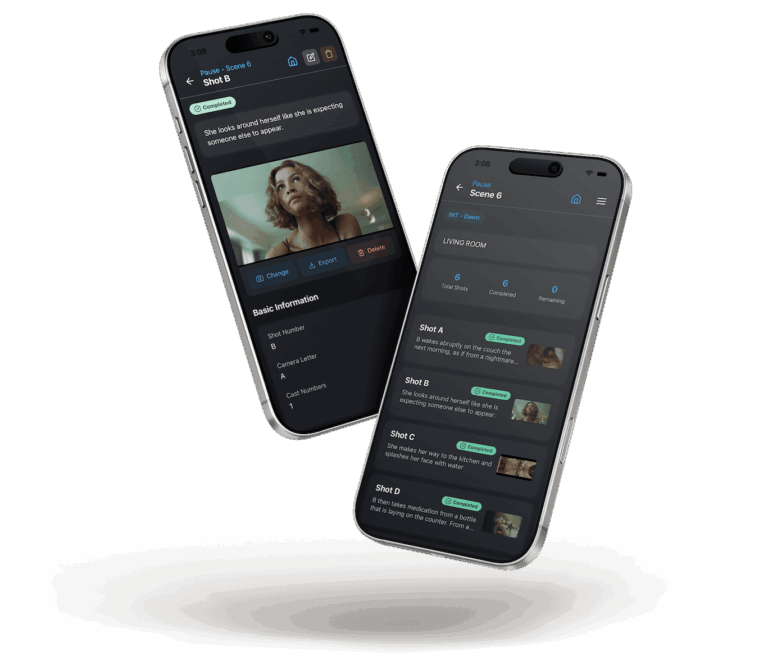 Side-by-side screenshots of CineFlo showing shot list and scene overview.