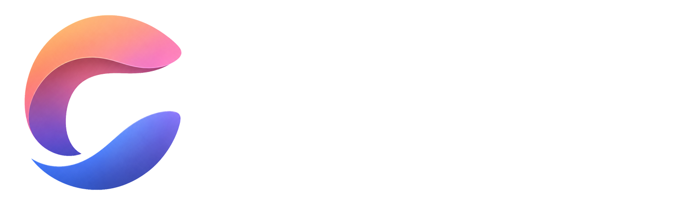 Abstract gradient logo forming a curved letter 'C' in orange, pink, purple, and blue on white background.