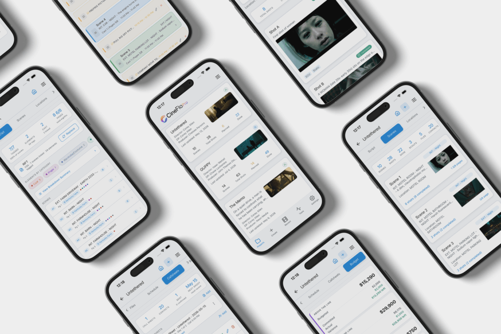 Collage of iPhones showing a film production planning app with scenes, budgets, and schedules.