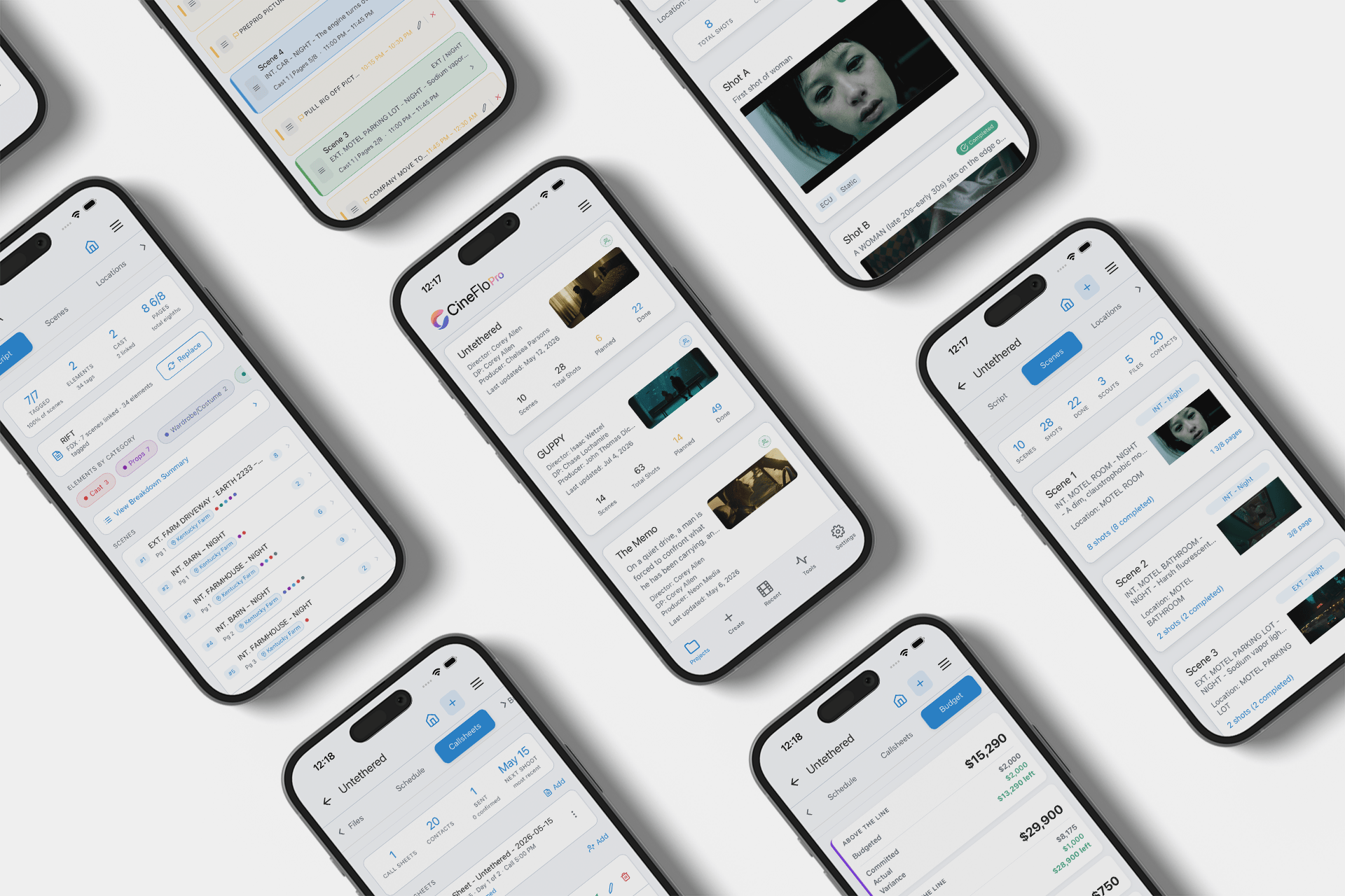 Collage of iPhones showing a film production planning app with scenes, budgets, and schedules.